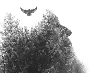 A paintography profile of a bearded man merged with a flying bird painting