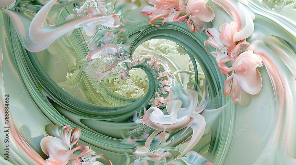 Poster swirling abstract patterns in fresh greens and soft pinks, symbolizing new growth and blooming flowe