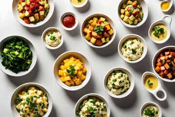 Artistic Presentation Bowls Arranged in Geometric Patterns with Potato Salad