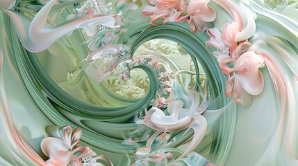 Swirling abstract patterns in fresh greens and soft pinks, symbolizing new growth and blooming flowers.