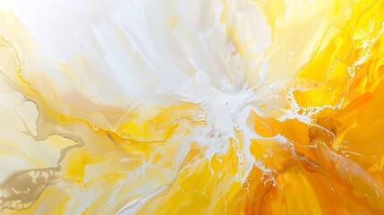 Dynamic abstract shapes in bright yellows and whites, representing the warmth of the sun reinvigorating the earth. 