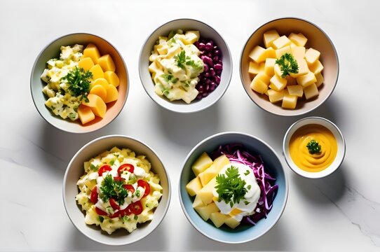 Artistic Arrangement of Colorful Bowls Potato Salad Showcase