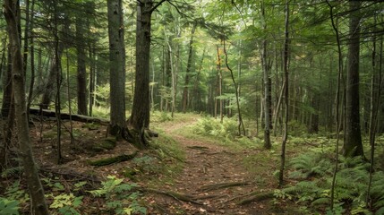 A dense forest is intersected by winding hiking trails showcasing the coexistence of recreational activity and wildlife habitat. .