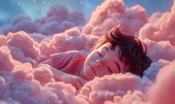 View of 3d person sleeping in clouds, little boy sleeping in the clouds