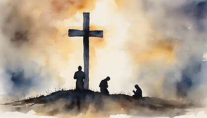 Watercolor painting of people praying in front of the cross. - obrazy, fototapety, plakaty