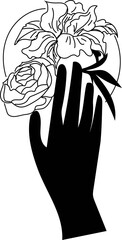 Hand drawn hand with floral illustration on transparent background.
