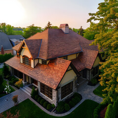 High-Quality Earthy Brown Shingles on a Tranquil Suburban Home Surrounded by Greenery Against a Light Blue Sky