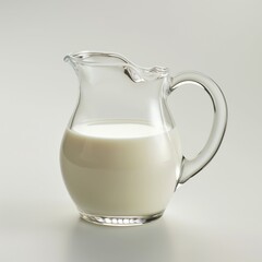 A translucent glass pitcher filled with fresh white milk on a light background, symbolizing purity and freshness.