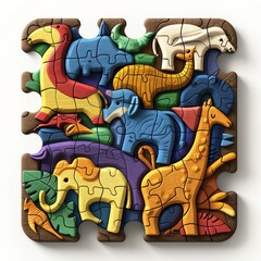 3D render of a wooden puzzle featuring animal shapes, bright primary colors, detailed textures, placed against a white background.
