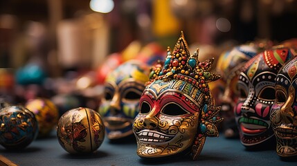Fototapeta premium Close-up of carnival-themed ornaments and trinkets at a souvenir shop