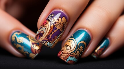 Close-up of carnival-themed nail art with colorful designs and patterns