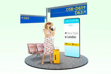appy woman girl with suitcase and passport standing next to a huge smart phone