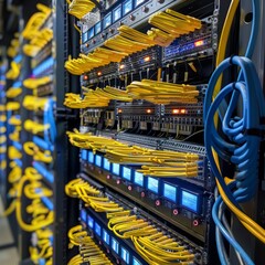 A rack of servers with yellow and blue cables.