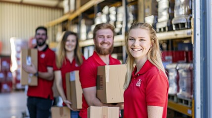 Young smiling logistics team with boxes in a warehouse, looking confident and friendly