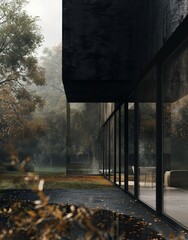 A modern architectural building with reflective glass surfaces amidst autumnal trees and a tranquil atmosphere