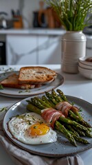 An inviting breakfast scene featuring toast, a sunny-side-up egg, and wrapped asparagus on a plate in a modern home kitchen
