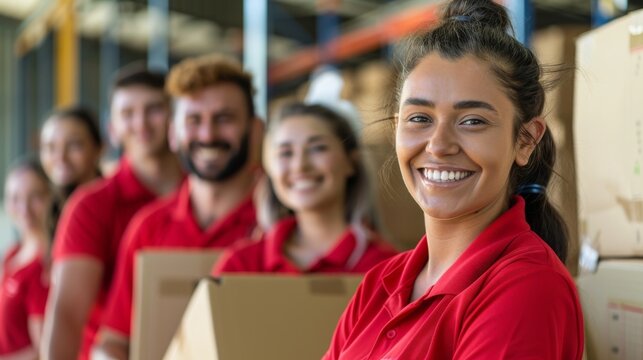 A smiling woman in red uniform stands with a jovial team holding boxes in a warehouse