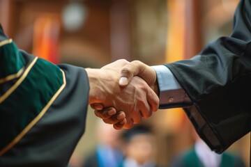 Male student in black suit and cap shaking hands with teacher in academic regalia at university graduation ceremony, symbolizing academic success.