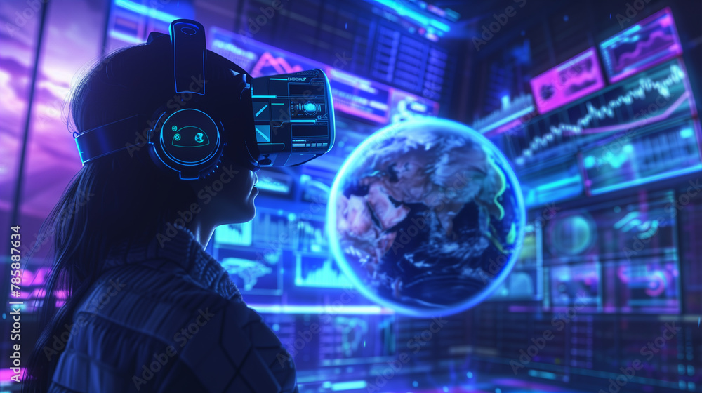 Poster a woman wearing a virtual reality headset is looking at a computer screen with a globe on it. the sc