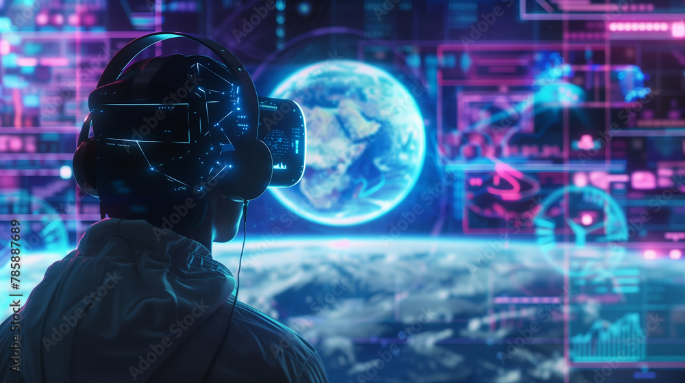 Poster a woman wearing a virtual reality headset is looking at a computer screen with a globe on it. the sc