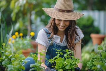 Smiling woman wearing a sun hat interacts with plants while gardening in an abundant green space