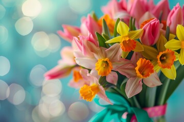 A lush bouquet of pink tulips and yellow daffodils tied with a ribbon against a light blue bokeh background