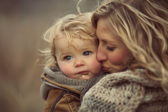 A warm, intimate portrait of a blonde woman lovingly cuddling her young child with beautiful blue eyes