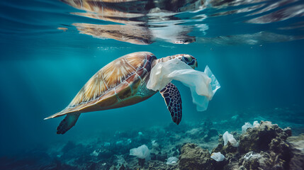 Obraz premium Plastic Pollution in Ocean - Turtle Eating Plastic Bag