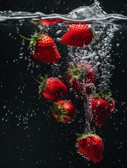 Strawberries at varying depths caught in a burst of water bubbles, highlighting the vitality of the fruit