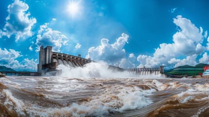 This captivating image features a grand dam releasing powerful streams of water into the river, symbolizing renewable energy and human engineering - obrazy, fototapety, plakaty