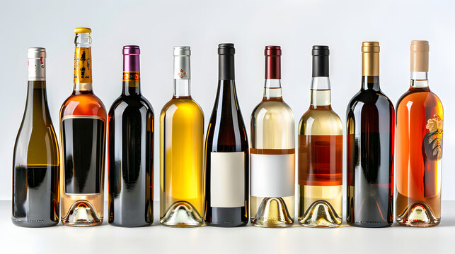 Wine And Spirits Bottles Composition on White Background; Perfect Alcoholic Beverage Display for Bar or Celebration