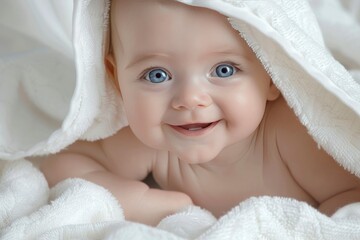 A cheerful baby with blue eyes, smiling, is shown under a white towel.