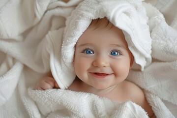 A cheerful baby with blue eyes, smiling, is shown under a white towel.