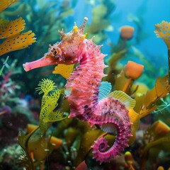 Un delicado caballito de mar rosado flota entre algas y corales en un vibrante ecosistema submarino