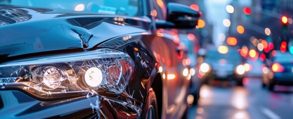 the front end of a black car after an accident, with traffic in the background with damaged headlights and dents in the hood - obrazy, fototapety, plakaty