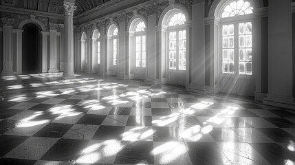 dramatic black and white architectural image that highlights the geometric patterns and bold lines of an elaborate villa's interior - obrazy, fototapety, plakaty