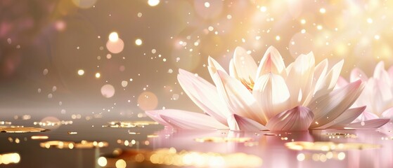 dazzling golden light, brilliant white lotus, and light pink background - obrazy, fototapety, plakaty