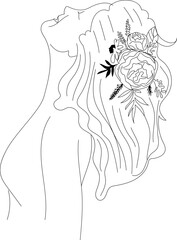 Hand drawn woman with flower illustration on transparent background.
