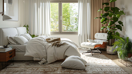 A photorealistic 3D rendering of a bedroom with a bed with a white comforter and pillows on it, a large window, and a white chair with a footstool.