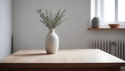 Minimal Scandinavian contemporary empty wooden table with sunlight. Simplistic Home office, plant, clean.	
