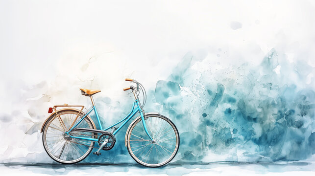 A watercolor painting of a blue bicycle is on the side of the wall.