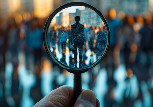 Recruitment, HR Recruiter Examining Candidate with Magnifying Glass - Finding New Hires, Job Applicant Scanning