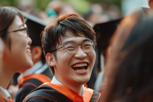 Young Asian man in graduation cap and gown celebrates academic achievement with classmates at college commencement ceremony.