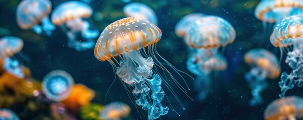 Glowing jellyfish under the sea - obrazy, fototapety, plakaty