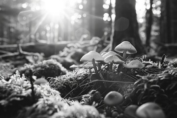 woodland mushrooms and moss in the Pacific Northwest