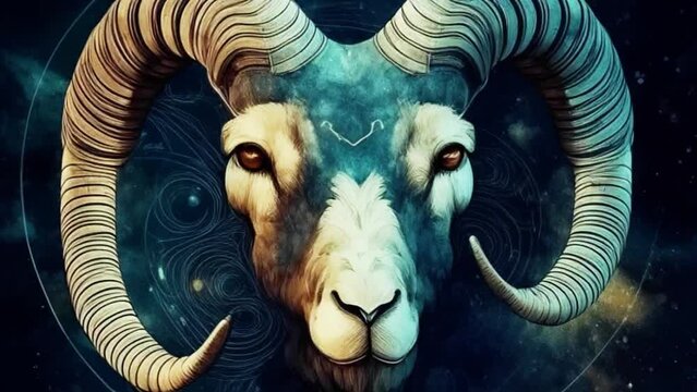 Zodiac sign of Aries, horoscope symbol with stars. Ram with horns on blue space abstract background, Generative AI