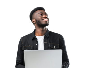 Smiling Man with Laptop Looking Upward
