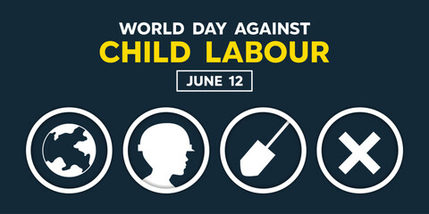 World Day Against Child Labour. Earth, child, shovel and x sign. Great for cards, banners, posters, social media and more. Black background.