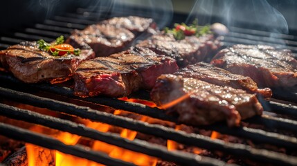Juicy steaks with grill marks cooking on an outdoor barbecue grill in daylight - obrazy, fototapety, plakaty