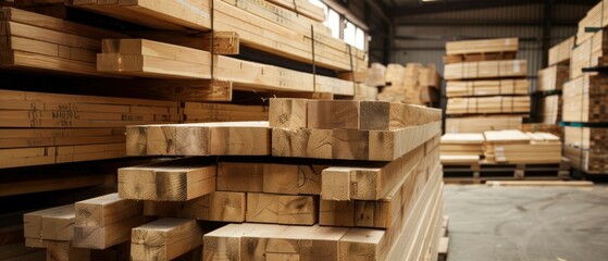 Wooden beams stacked in the warehouse closeup